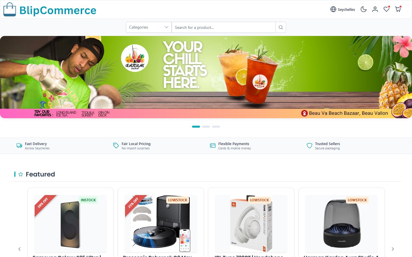The BlipCommerce storefront: a promotional banner, delivery and payment guarantees, and a row of featured products from multiple sellers.