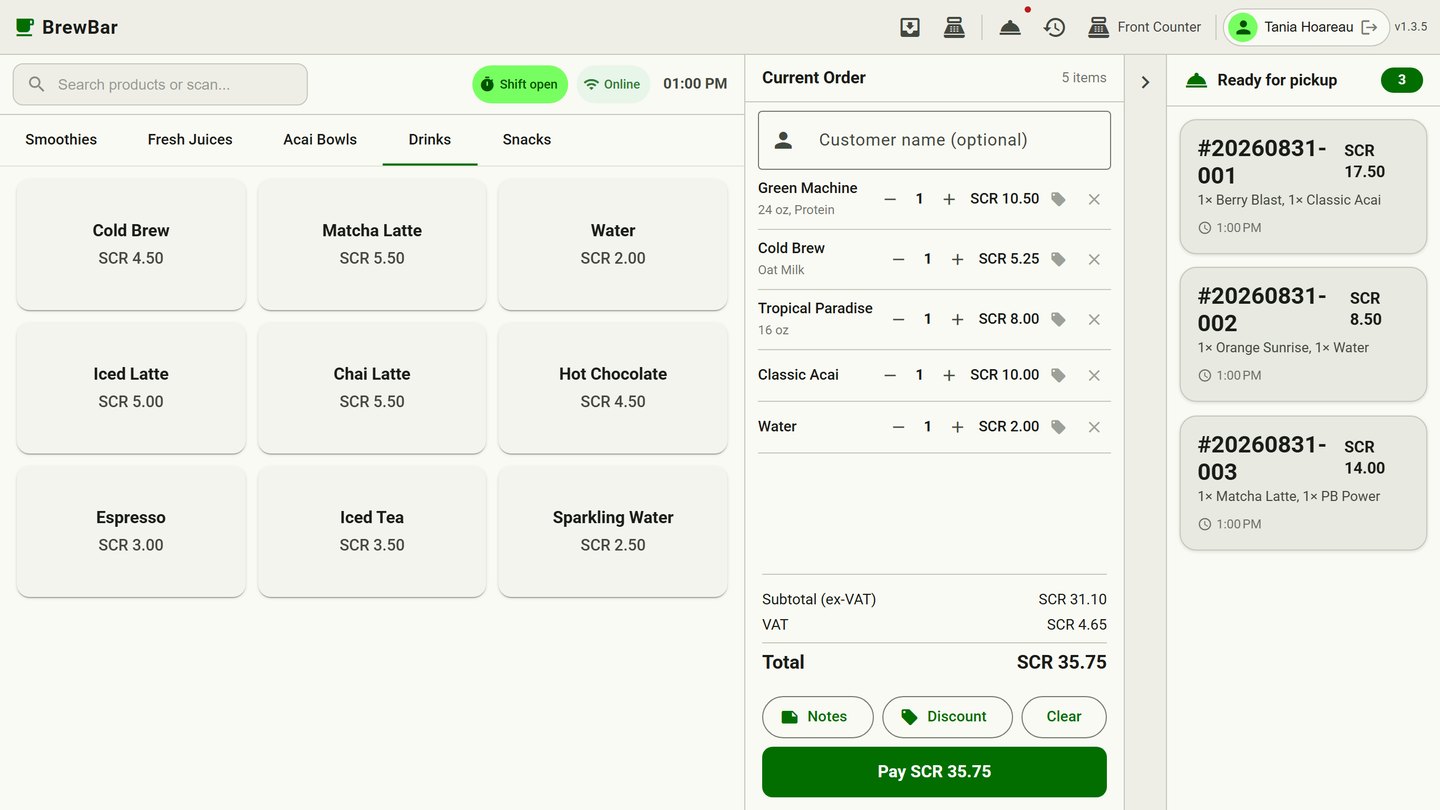 The BrewBar POS register: a grid of drinks priced in rupees, the current order building up beside it with subtotal, VAT and a Pay button, and a queue of orders ready for pickup.